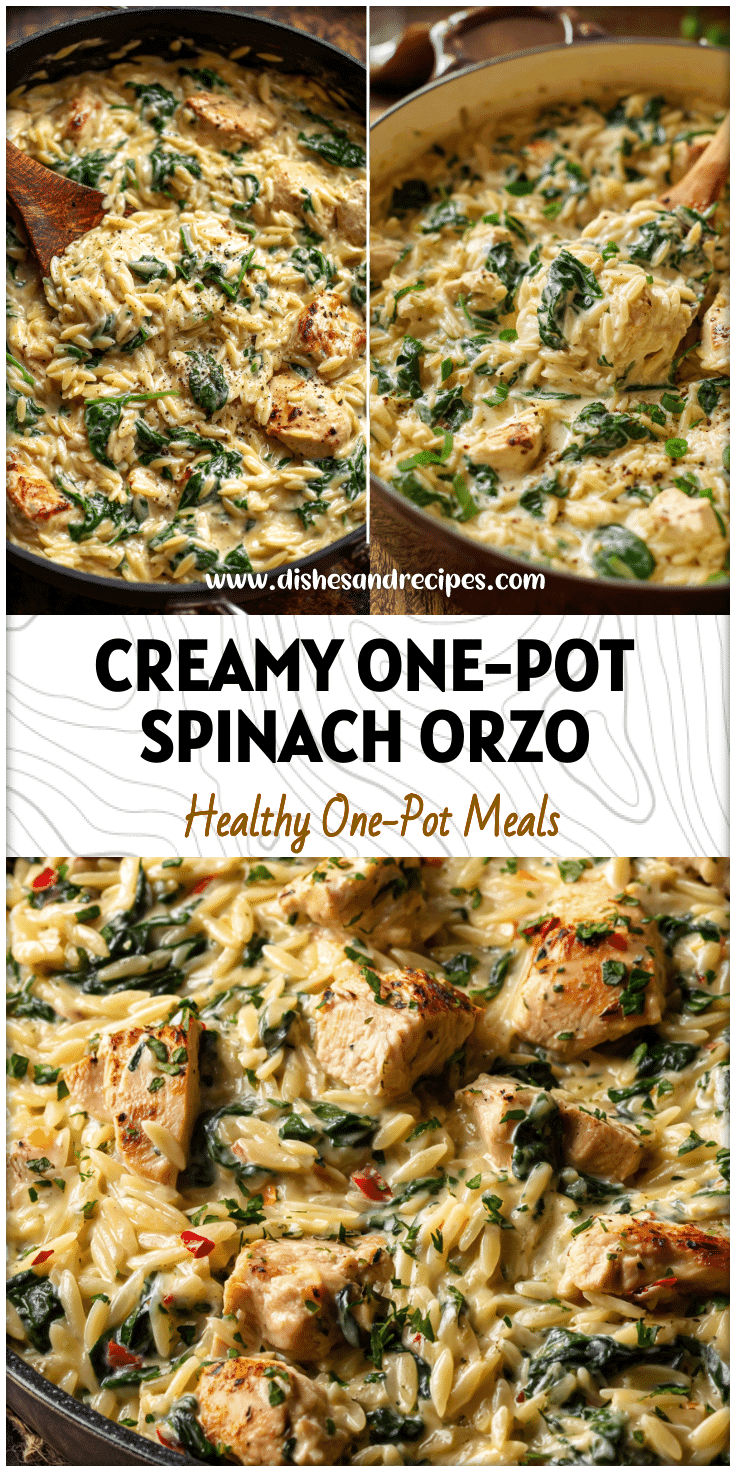 Creamy Boursin Orzo Chicken with spinach served in a skillet for an easy one-pot Spinach Orzo Dinner